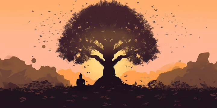 Buddha meditating under a bodhi tree. Vesak Day concept.