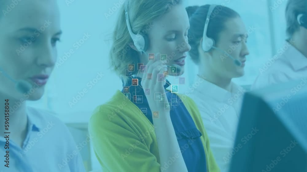 Poster animation of connection with icons and data over diverse business people in office