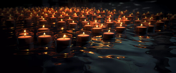 Vesak Day: Countless Buddhist candles floating on a tranquil lake or river at night.