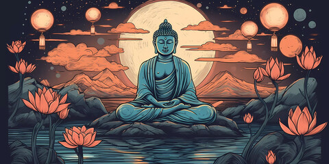 Illustration of Buddha meditating on a lotus lake. Vesak Day concept.