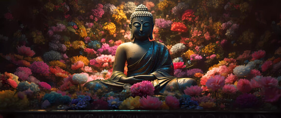 Buddha sits peacefully amidst colorful beautiful flowers. Vesak Day concept.

