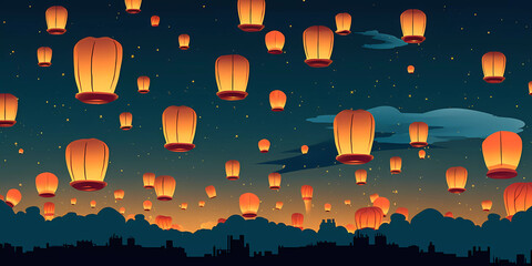 Illustration of countless wishing lanterns floating into the sky on Vesak Day.