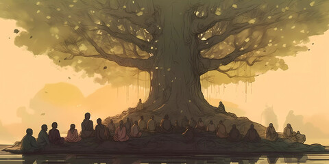 People praying and meditating under a bodhi tree. Vesak Day concept. 