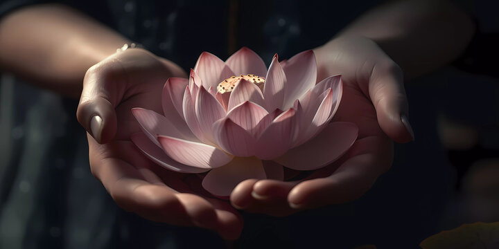 Purity and Devotion on Vesak Day: Hands Holding a Beautiful Lotus Flower