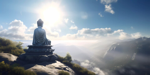 Giant Buddha statue sitting tranquilly on a mountain top under a clear blue sky and strong sunlight. Vesak Day concept.