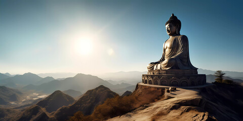 Giant Buddha statue sitting tranquilly on a mountain top under a clear blue sky and strong sunlight. Vesak Day concept. - obrazy, fototapety, plakaty
