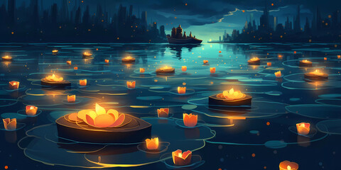 Vesak Day: Countless Buddhist candles floating on a tranquil lake or river at night.