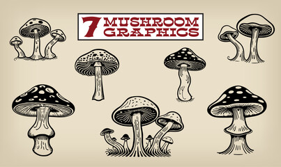 A collection of seven vintage style pen and ink graphics. Great for retro 1960s or 1970s designs, food graphics, or children's book spot illustrations. © Mysterylab