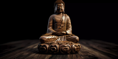 An intricate wooden sculpture of Buddha meditating. Vesak Day concept.