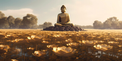 Buddha sitting in a golden field of lotus flowers at sunset. Vesak Day concept.