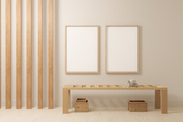 Scandinavian interior with bench, baskets Mock up poster, 3d render,2 wooden frame mockup,soft color interior design,