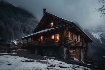 Winter cabin in stunning mountains with technology. Generative AI