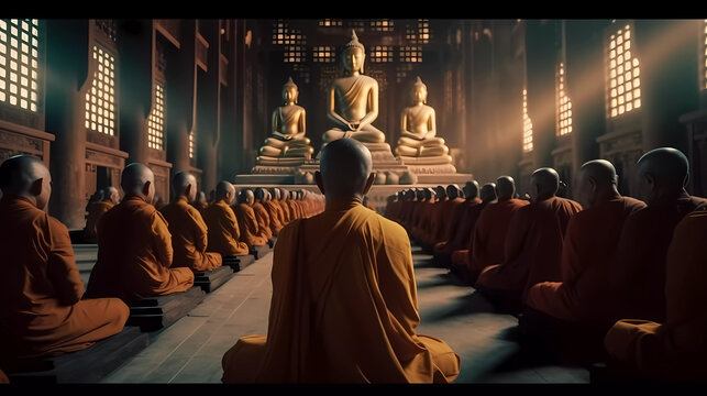 A tranquil scene of monks mass praying in a Buddhist temple. Vesak Day concept.