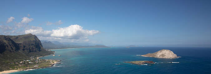 View of Kaohikaipu and Manana Island Seabird Sanctuaries as seen from Makapuu Lighthouse viewpoint on Oahu Hawaii United States