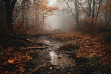 A misty, wooded landscape with a meandering stream and fallen leaves. Generative AI