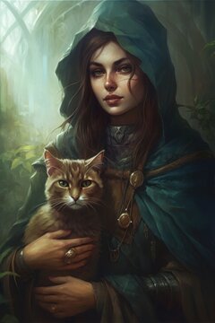 Female Druid Portrait Holding Kitty Cat Green Hood Steward New Castle Illustration Trustworthy Sage Environmental Blue Ranger Cowl Occultist, Generative Ai