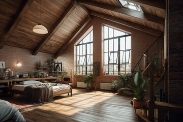 Fototapeta na wymiar Spacious loft with ample light, wooden details, and exposed brick. Generative AI