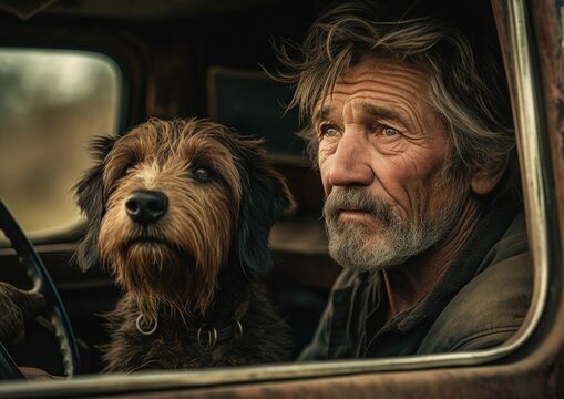 Man Sitting Old Truck Dog Car Promotional Portrait Rugged Young Two Characters Last Ever Movie Art Wildlife, Generative Ai