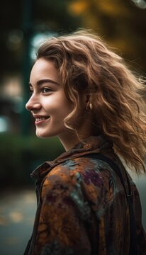 Young Woman Walking Away Closeup Person Cell Phone Smiling Fashion Model Face Girl Portrait Profile Technology Curls Light Brown Coat Youthful  Cheerful Expression, Generative Ai