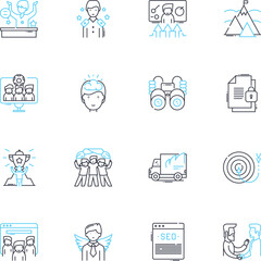 Self-employment linear icons set. Entrepreneurship, Independence, Sole proprietorship, Freelancing, Autonomy, Self-sufficiency, Creativity line vector and concept signs. Risk-taking,Ingenuity