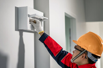 Asian electrical engineer wearing safety helmet inspecting home electrical system with tools and...