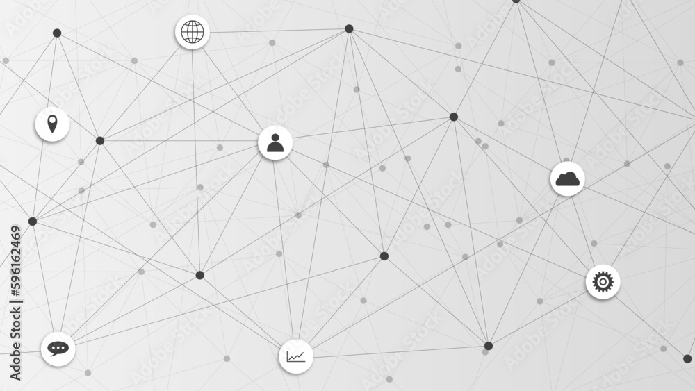 Poster information or global communication technology with dots and lines connection and business icons.
