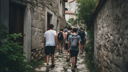 Fototapeta na wymiar A group of people walking in an alley