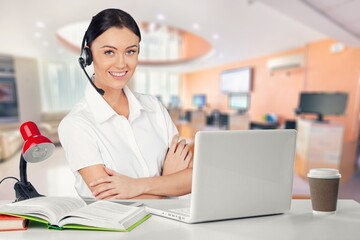 Call center female worker with headset