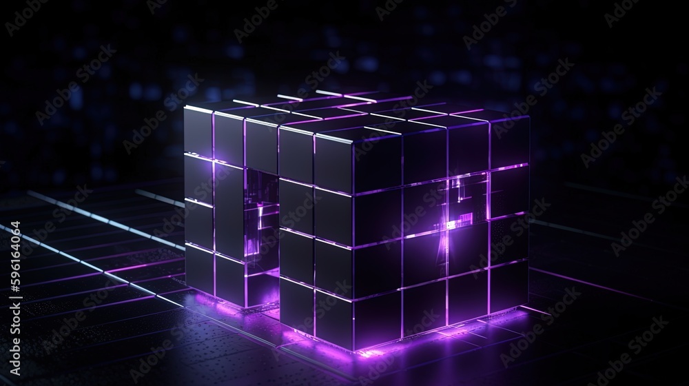 Poster 3d rendering of black cubes with purple neon lights on black background.generative ai