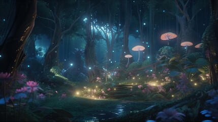 Fototapeta na wymiar enchanted forest glows with fairy lights, digital art illustration, Generative AI
