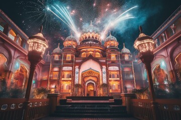 A colorful abstract palace with bokeh surrounded by fireworks, perfect for banners. Generative AI