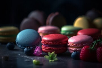 Obraz na płótnie Canvas Colorful Macarons with Fresh Berries on a Dark Surface