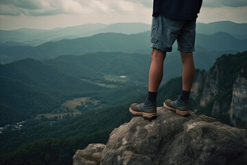 close view the legs of a young man standing on a hill