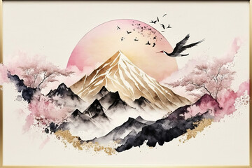 japanese mountains and a flying in a beautiful watercolor image, in the style of light pink and dark gold,