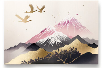 japanese mountains and a flying in a beautiful watercolor image, in the style of light pink and dark gold,