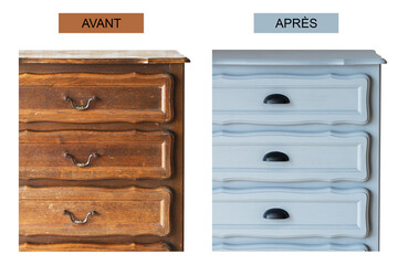 Restauration de meubles anciens. Relooking d'une commode. Avant-après.