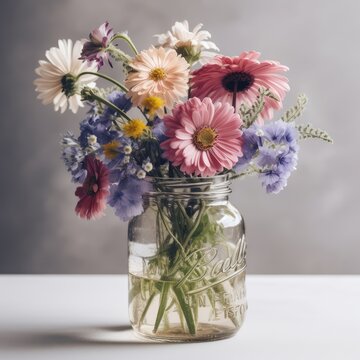 Wildflowers in a mason jar. Mother's Day Flowers Design concept.