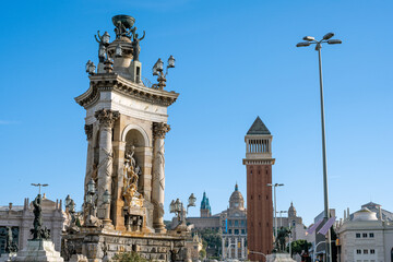 Plaza De Espana in Barcelona with the Palace of Montjuic in the back