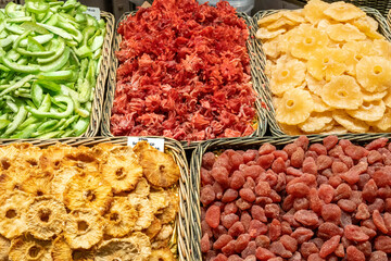 Dried fruits for sale at the Boqueria market in Barcelona