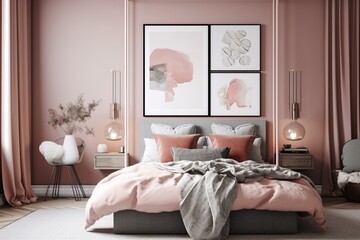 Scandi-boho pastel pink mockup frame in 3D render on bedroom interior background. Generative AI