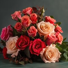 Romantic bouquet with red and pink roses. Mother's Day Flowers Design concept.