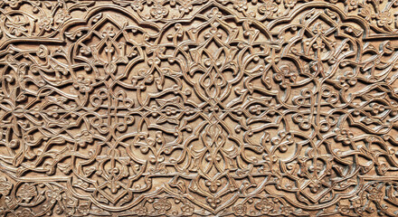 Fragment of an ancient carved wooden door. Ornate.