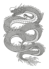 Obraz premium Japanese dragon vector vintage engraving drawing style illustration 