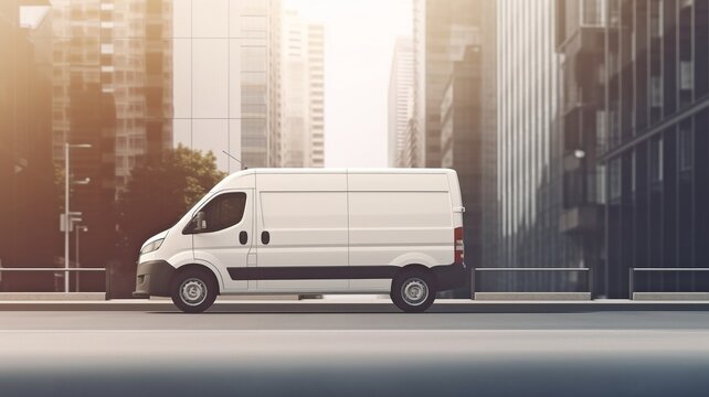 transport van in white. Generative AI, city street background