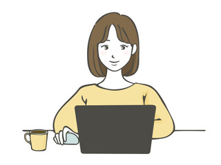笑顔でパソコン作業をしている若い女性の上半身イラスト