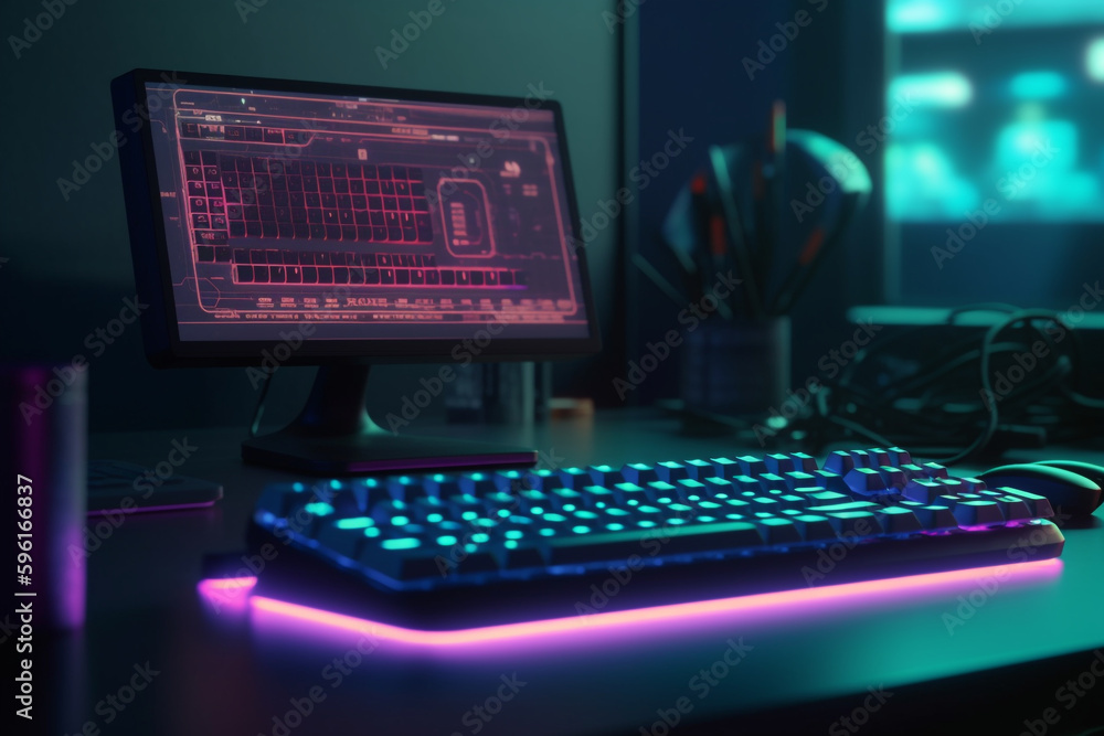Poster computer concept neon-lit keyboard and mouse, generative ai