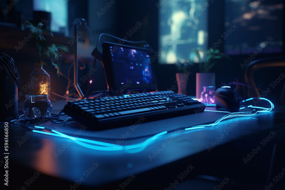 Poster creative workspace with neon-lit keyboard and mouse, generative ai