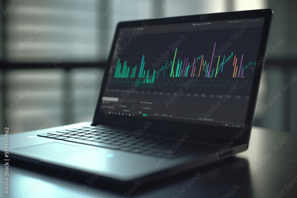 Poster laptop display with graph data analysis on laptop in office, generative ai