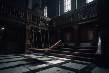 Dark court hall showcases scales of justice. Generative AI