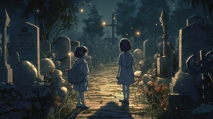 Obraz premium ghostly graveyard doomed children, digital art illustration, Generative AI
